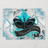 Zilveren en Blauwgroen Blue Masquerade Party Kaart (Voorkant / Achterkant)