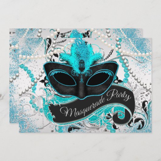 Zilveren en Blauwgroen Blue Masquerade Party Kaart (Voorkant / Achterkant)