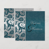 Zilveren en Blauwgroen Damask II bruiloft uitnodig Kaart (Voorkant / Achterkant)