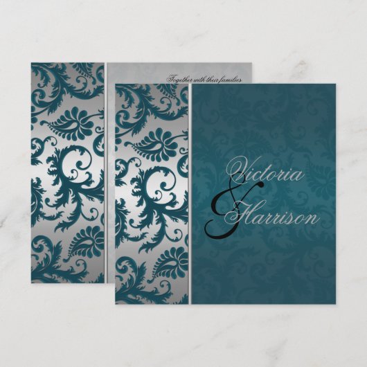 Zilveren en Blauwgroen Damask II bruiloft uitnodig Kaart (Voorkant / Achterkant)