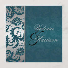 Zilveren en Blauwgroen Damask II bruiloft uitnodig Kaart