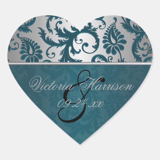 Zilveren en Blauwgroen Damask II hartvormige Stick Hart Sticker (Voorkant)