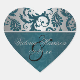 Zilveren en Blauwgroen Damask II hartvormige Stick Hart Sticker