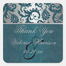 Zilveren en Blauwgroen Damask II Square Shaped Sti Vierkante Sticker