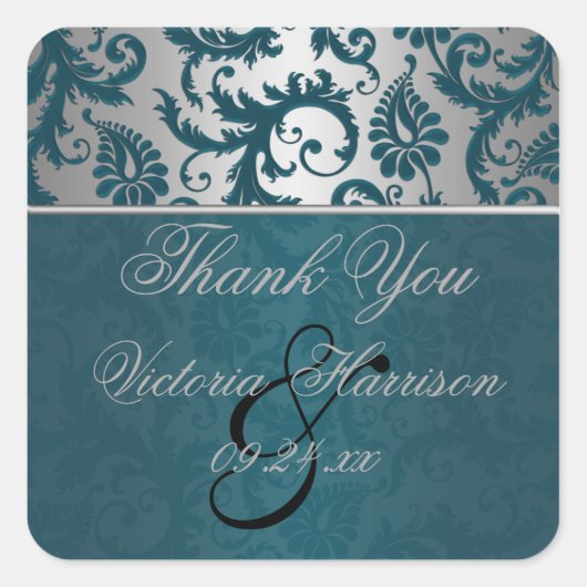 Zilveren en Blauwgroen Damask II Square Shaped Sti Vierkante Sticker (Voorkant)