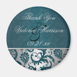Zilveren en Blauwgroen Damask II Wedding Favor Mag Magneet