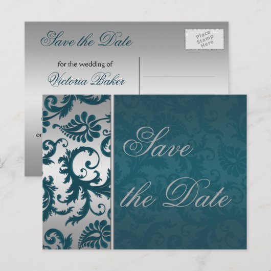 Zilveren en Blauwgroen Damask sparen het Briefkaar Aankondigingskaart (Voorkant / Achterkant)