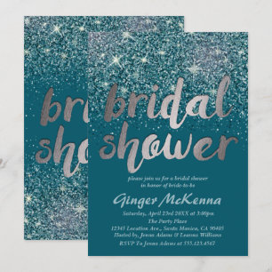Zilveren en Blauwgroen Glitter Bridal Shower-uitno Kaart