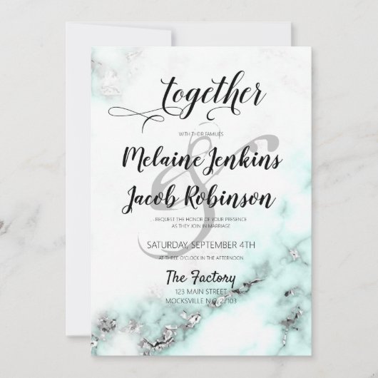 Zilveren en Blauwgroen Marble Elegant Wedding Invi Kaart (Voorkant)