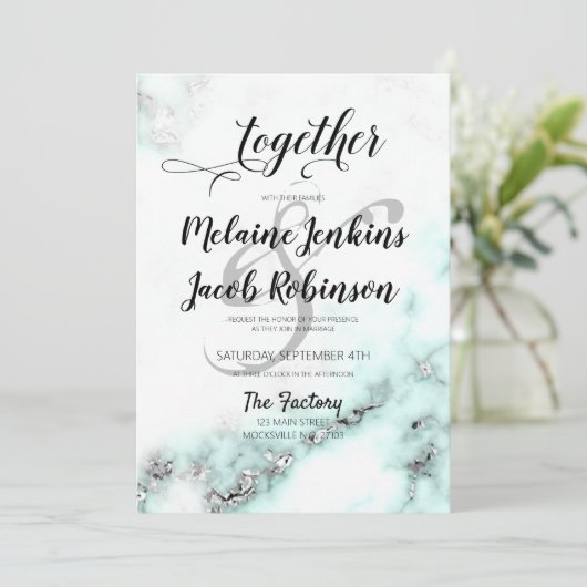 Zilveren en Blauwgroen Marble Elegant Wedding Invi Kaart (Staand voorkant)