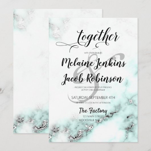 Zilveren en Blauwgroen Marble Elegant Wedding Invi Kaart (Voorkant / Achterkant)