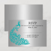 Zilveren en Blauwgroen Pacock RSVP-uitnodigingen RSVP Kaartje (Voorkant / Achterkant)