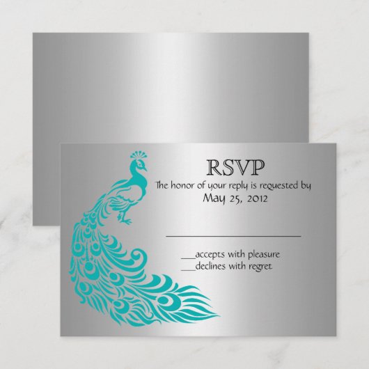 Zilveren en Blauwgroen Pacock RSVP-uitnodigingen RSVP Kaartje (Voorkant / Achterkant)