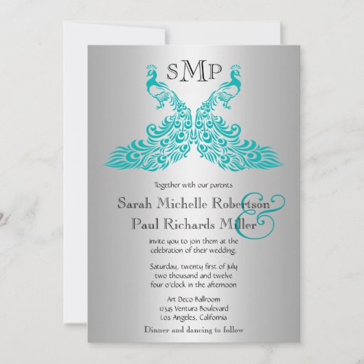 Zilveren en Blauwgroen Peacock Wedding Invitations Kaart (Voorkant)