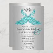 Zilveren en Blauwgroen Peacock Wedding Invitations Kaart (Voorkant / Achterkant)