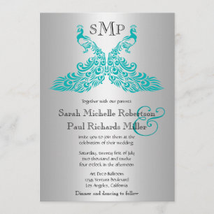 Zilveren en Blauwgroen Peacock Wedding Invitations Kaart