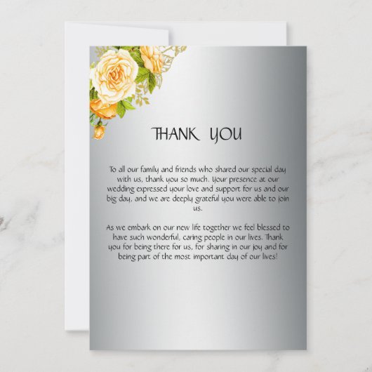 Zilveren en Gele Roses Wedding Bedankkaart (Voorkant)