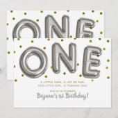 Zilveren en gouden ballonnen 1 verjaardagsfeest kaart (Voorkant / Achterkant)