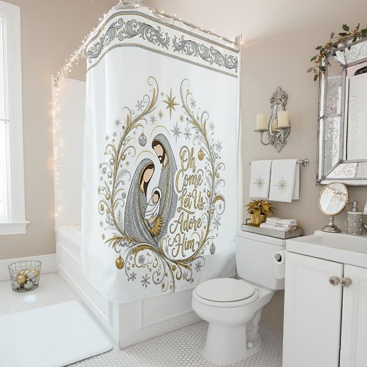 Zilveren en gouden kerststal douchegordijn