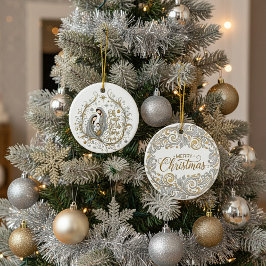 Zilveren en gouden kerststal keramisch ornament