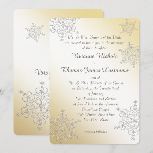 Zilveren en gouden sneeuwvlokken bruiloft kaart (Voorkant / Achterkant)