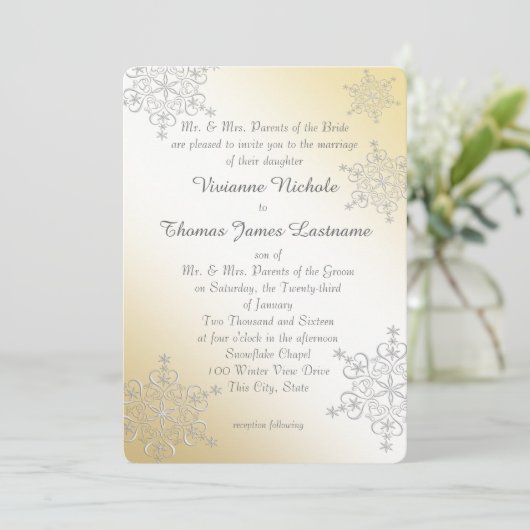 Zilveren en gouden sneeuwvlokken bruiloft kaart (Staand voorkant)
