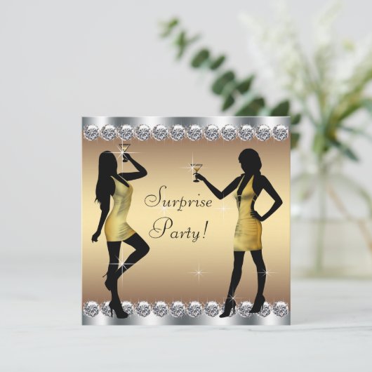 Zilveren en gouden vrouwen verrassen verjaardagsfe kaart (Staand voorkant)