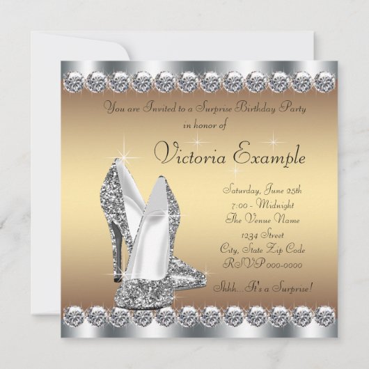 Zilveren en gouden vrouwen verrassen verjaardagsfe kaart (Achterkant)