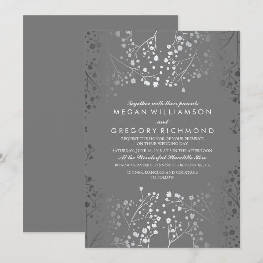 Zilveren en Grijze Baby's Breath Bruiloft Uitnodig Kaart (Voorkant / Achterkant)