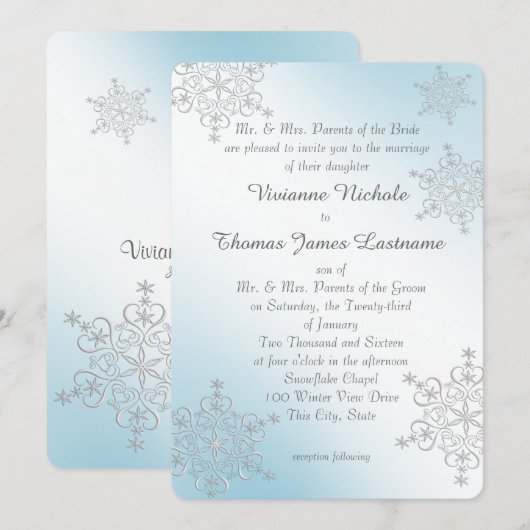 Zilveren en ijsblauwe sneeuwvlokken bruiloft kaart (Voorkant / Achterkant)