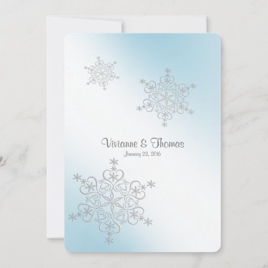 Zilveren en ijsblauwe sneeuwvlokken bruiloft kaart (Achterkant)