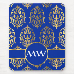 Zilveren en koningsblauwe damast monogram muismat