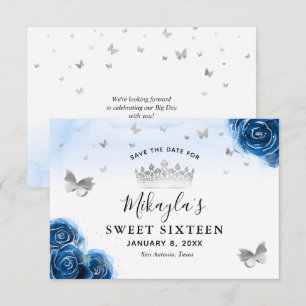 Zilveren en Koningsblauwe Rozen Elegante Save The  Date