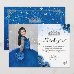 Zilveren en Koninklijk Blauwe Quinceañera Foto Ver Bedankkaart