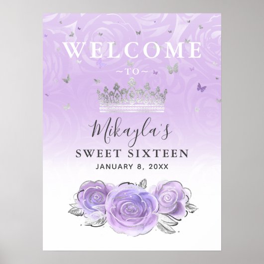 Zilveren en Lichte Paarse Rozen Welkomstpartij Poster (Voorkant)