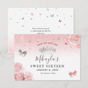 Zilveren en lichtroze blozende rozen Elegant Save The Date