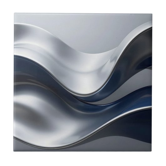 Zilveren En Marine Vloeibare Golven Abstract Moder Tegeltje (Voorkant)
