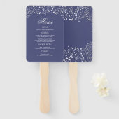 Zilveren en marineblauwe huwelijksmenu's handwaaier (Voorkant en achterkant)