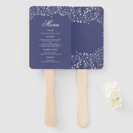 Zilveren en marineblauwe huwelijksmenu's handwaaier (Voorkant en achterkant)