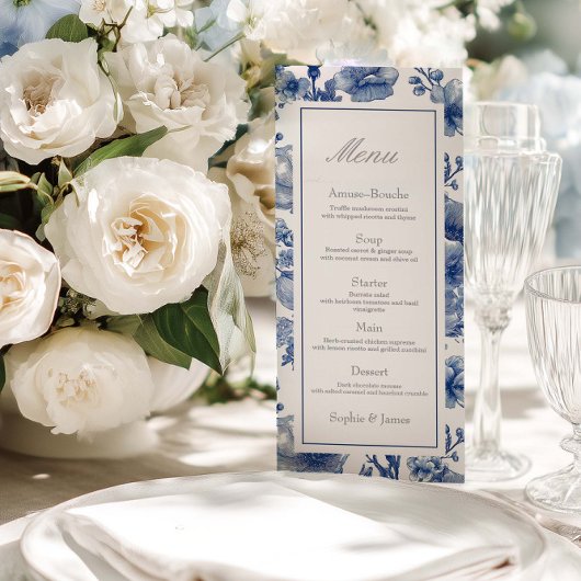 Zilveren en marineblauwe platte trouwmenu menu