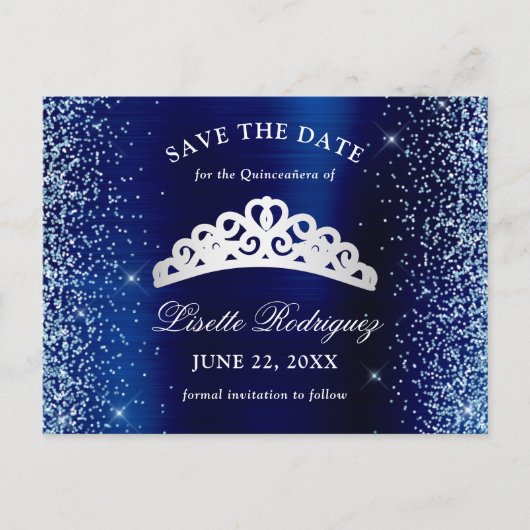 Zilveren en marineblauwe Quinceanera Save The Date Briefkaart (Voorkant)