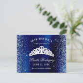 Zilveren en marineblauwe Quinceanera Save The Date Briefkaart (Staand voorkant)