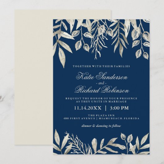 Zilveren en Navy Blue bruiloft uitnodigingen (Voorkant / Achterkant)