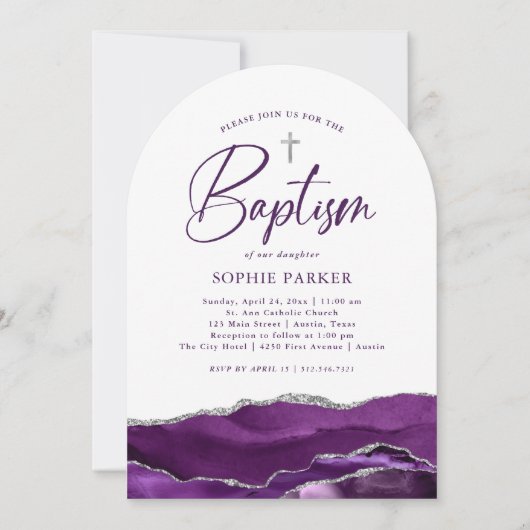 Zilveren en Paarse agaat en kruis | doop Kaart (Voorkant)