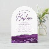 Zilveren en Paarse agaat en kruis | doop Kaart (Staand voorkant)