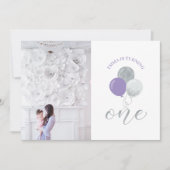 Zilveren en Paarse ballonnen | Eerste verjaardag v Kaart (Voorkant)