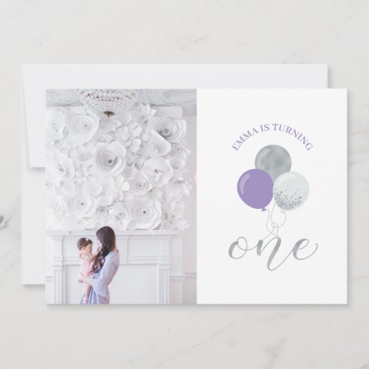 Zilveren en Paarse ballonnen | Eerste verjaardag v Kaart (Voorkant)