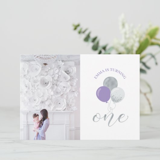 Zilveren en Paarse ballonnen | Eerste verjaardag v Kaart (Staand voorkant)