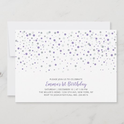 Zilveren en Paarse ballonnen | Eerste verjaardag v Kaart (Achterkant)