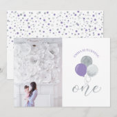 Zilveren en Paarse ballonnen | Eerste verjaardag v Kaart (Voorkant / Achterkant)